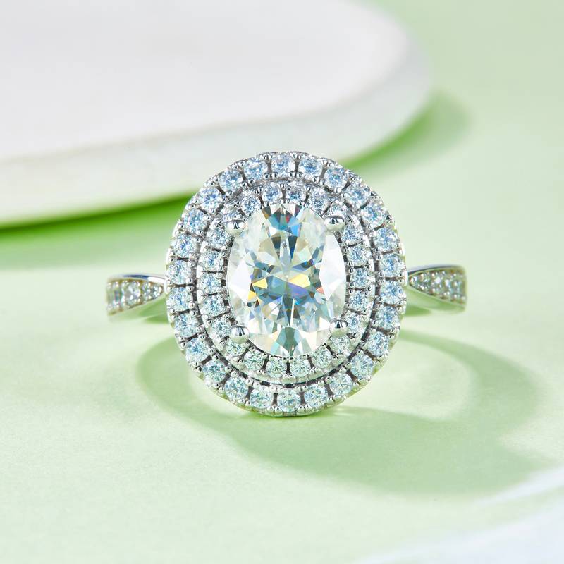 豪镶蛋形S925银镀白金MoissaniteWomen's Ring2.0ctD级